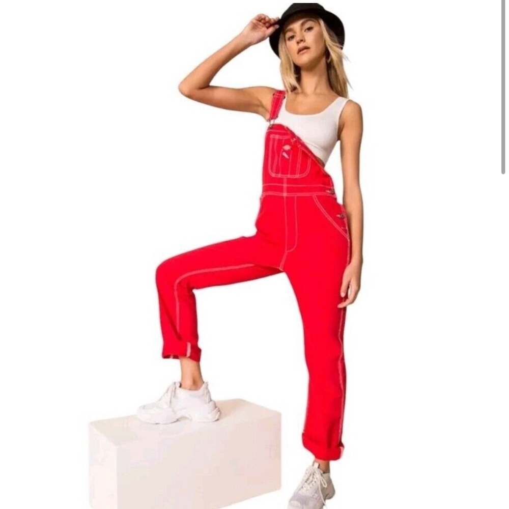 Dickies Girl Women's Relaxed Straight Leg Cherry Red Overall Size S Hipster